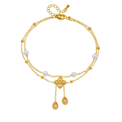 Fashion Double Layer Twin Diamond Diamond Flower Pearl Anklet