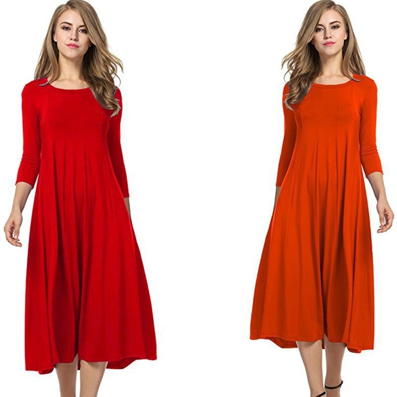 Crew Neck Sleeve Solid Color Swing Dress