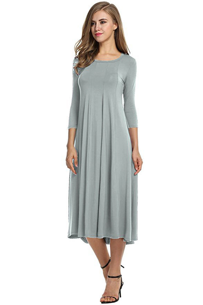 Crew Neck Sleeve Solid Color Swing Dress