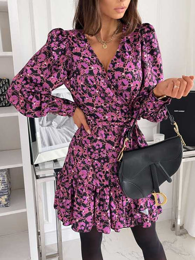 Autumn And Winter Long Sleeved Plaid Printed Floral Dress Women