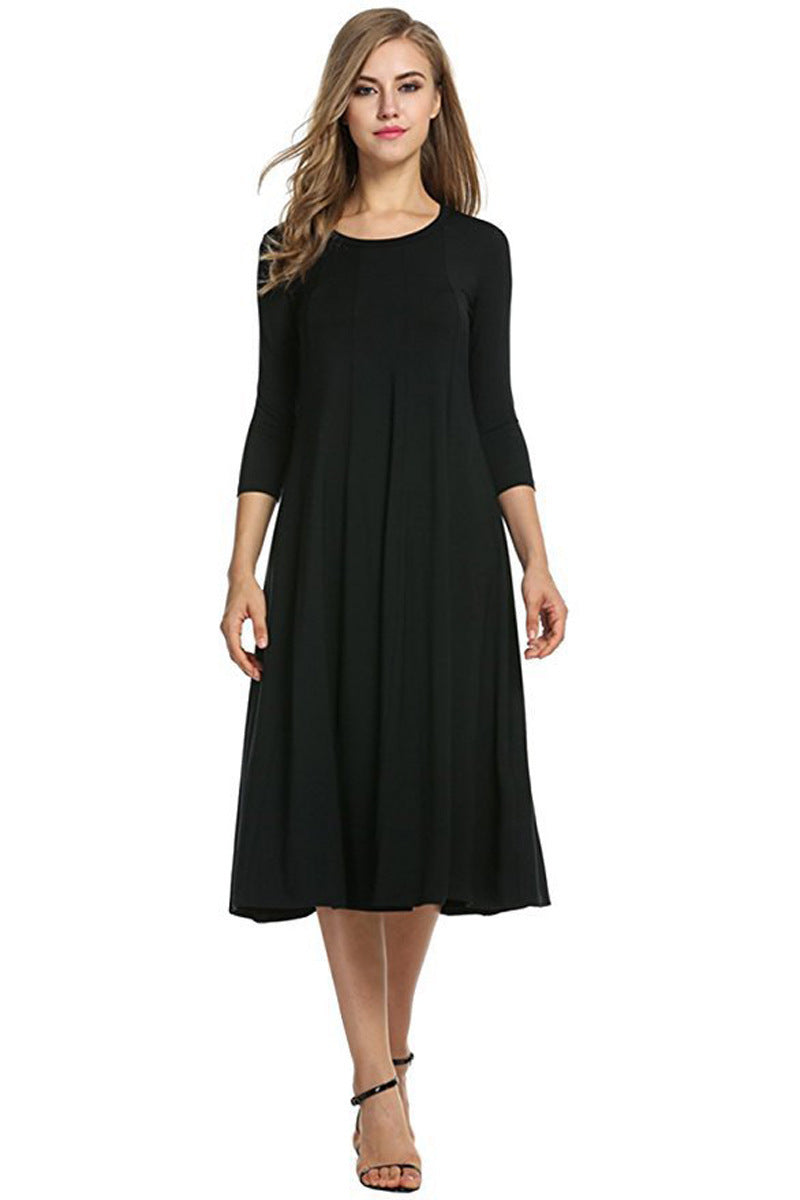 Crew Neck Sleeve Solid Color Swing Dress