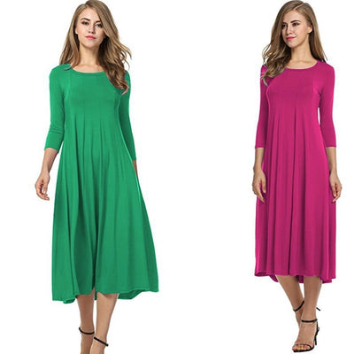 Crew Neck Sleeve Solid Color Swing Dress