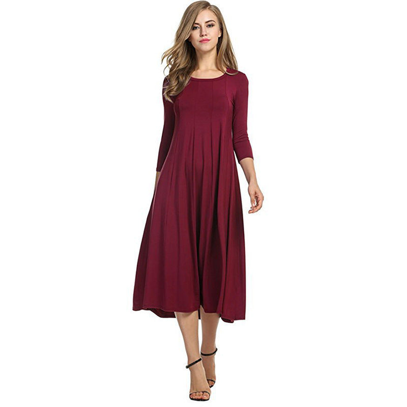 Crew Neck Sleeve Solid Color Swing Dress