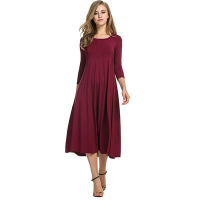 Crew Neck Sleeve Solid Color Swing Dress