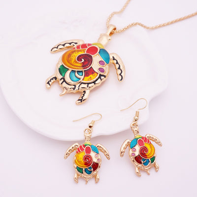 Rainbow Turtle Necklace and Earrings Set