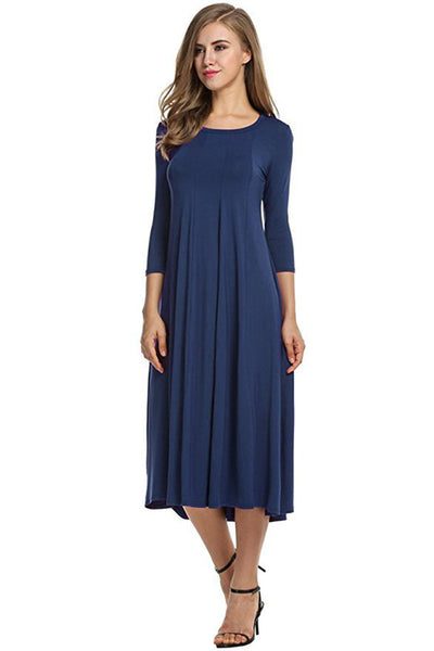 Crew Neck Sleeve Solid Color Swing Dress