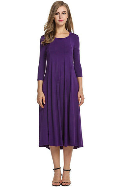 Crew Neck Sleeve Solid Color Swing Dress