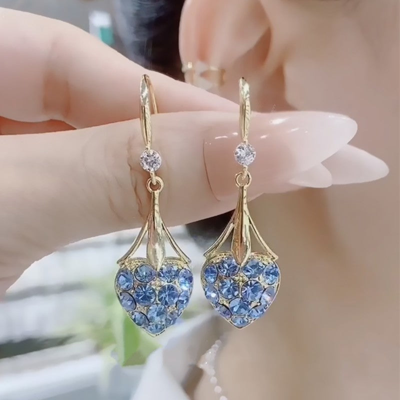 Super Sparkling Blue Full Diamond Heart Earrings