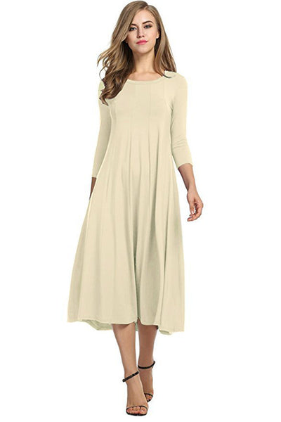 Crew Neck Sleeve Solid Color Swing Dress