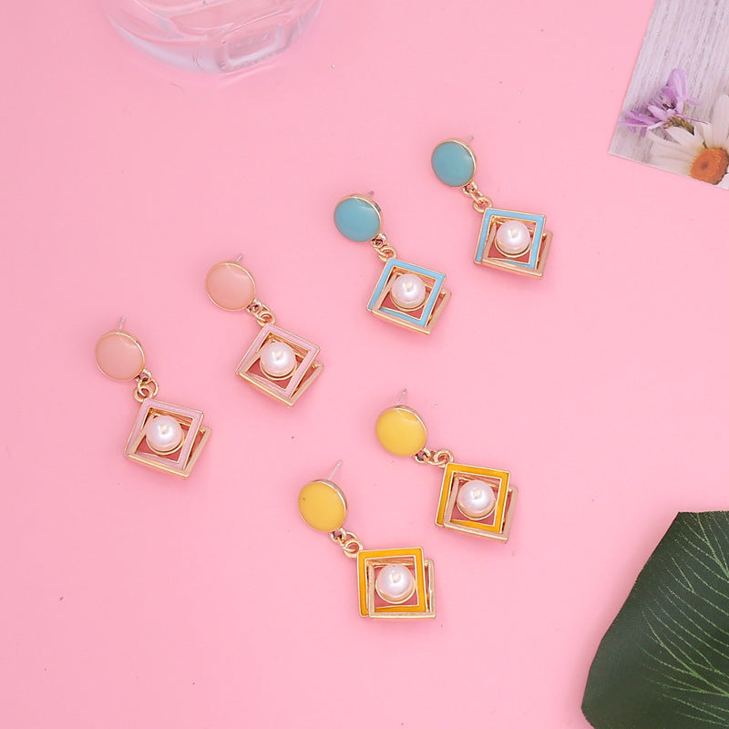 Geometric Square Pearl Earrings Women