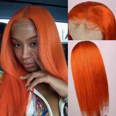 Split Orange Long Straight Chemical Fiber Lace Free Wig