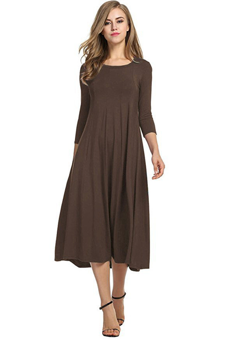 Crew Neck Sleeve Solid Color Swing Dress