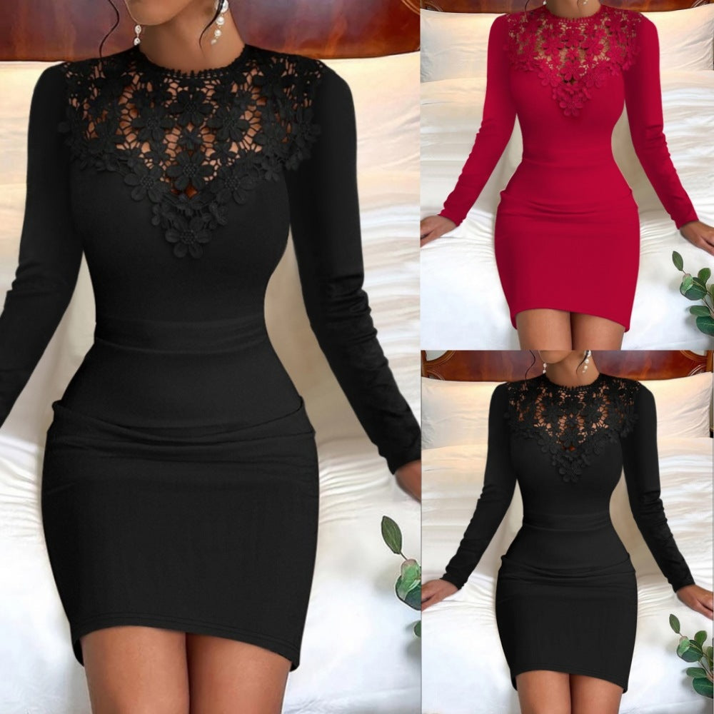 Round Neck Lace Long Sleeve Narrow Waist Dress Women's