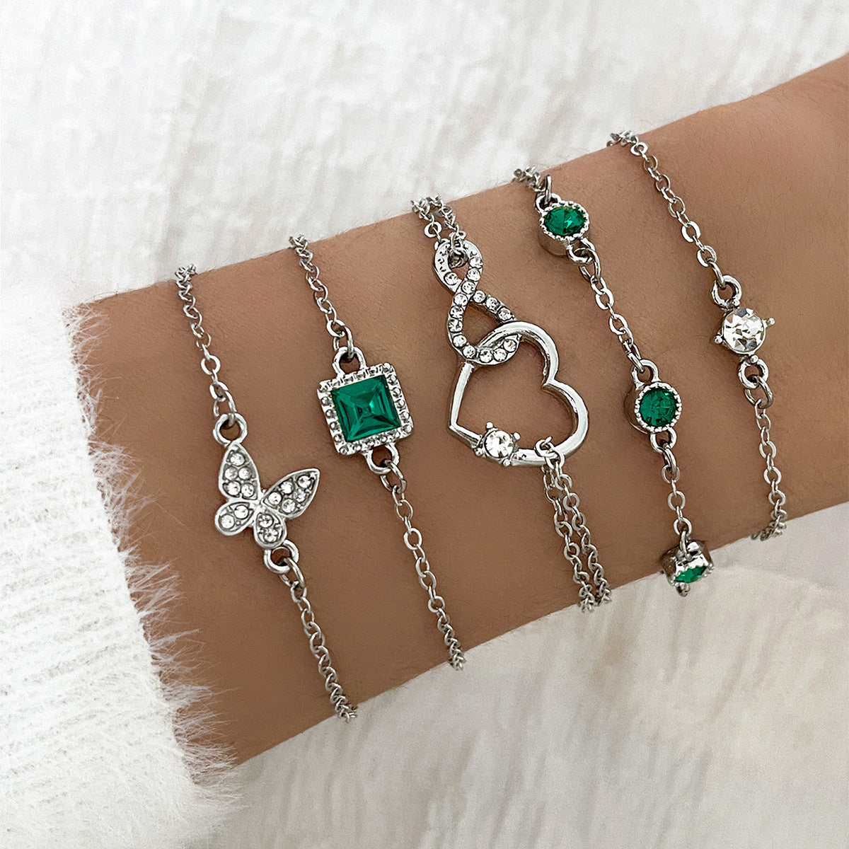 Bohemian 5pc Green Crystal Bracelets Jewelry Set