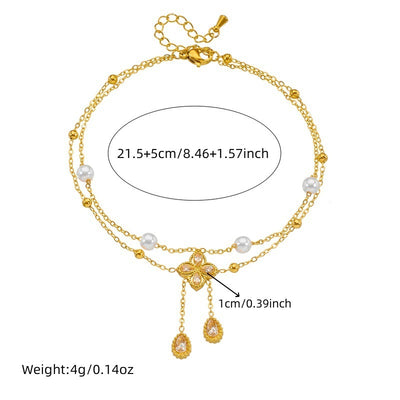 Fashion Double Layer Twin Diamond Diamond Flower Pearl Anklet