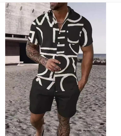 Black And White Striped Hawaiian Men's Shirt Set