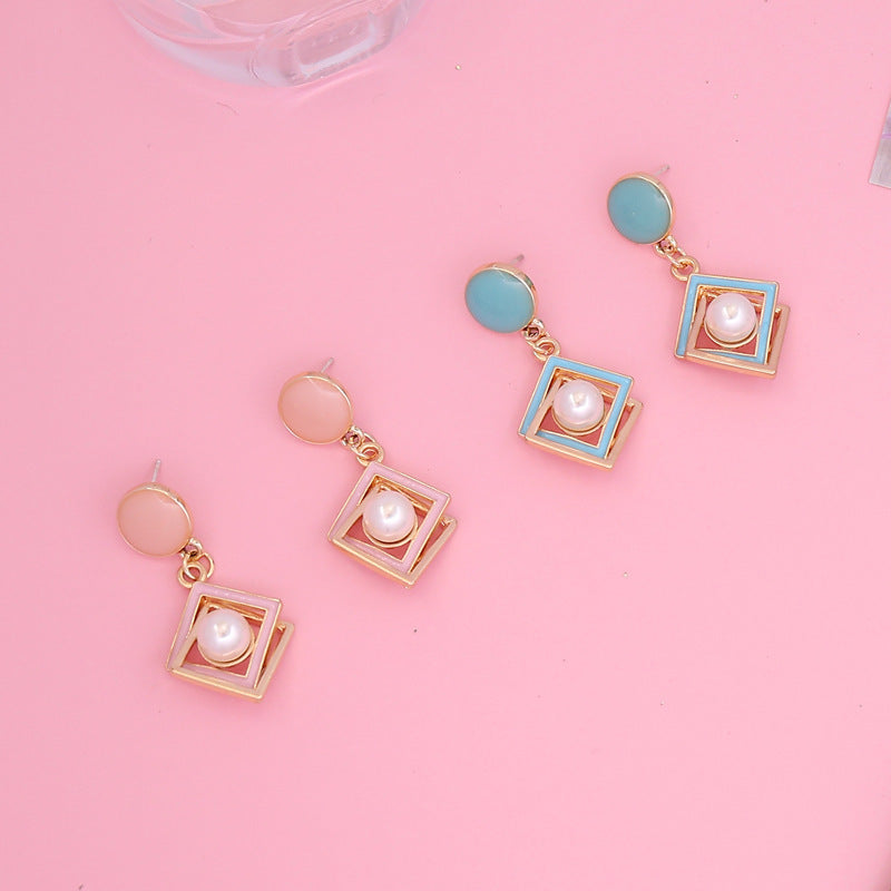 Geometric Square Pearl Earrings Women