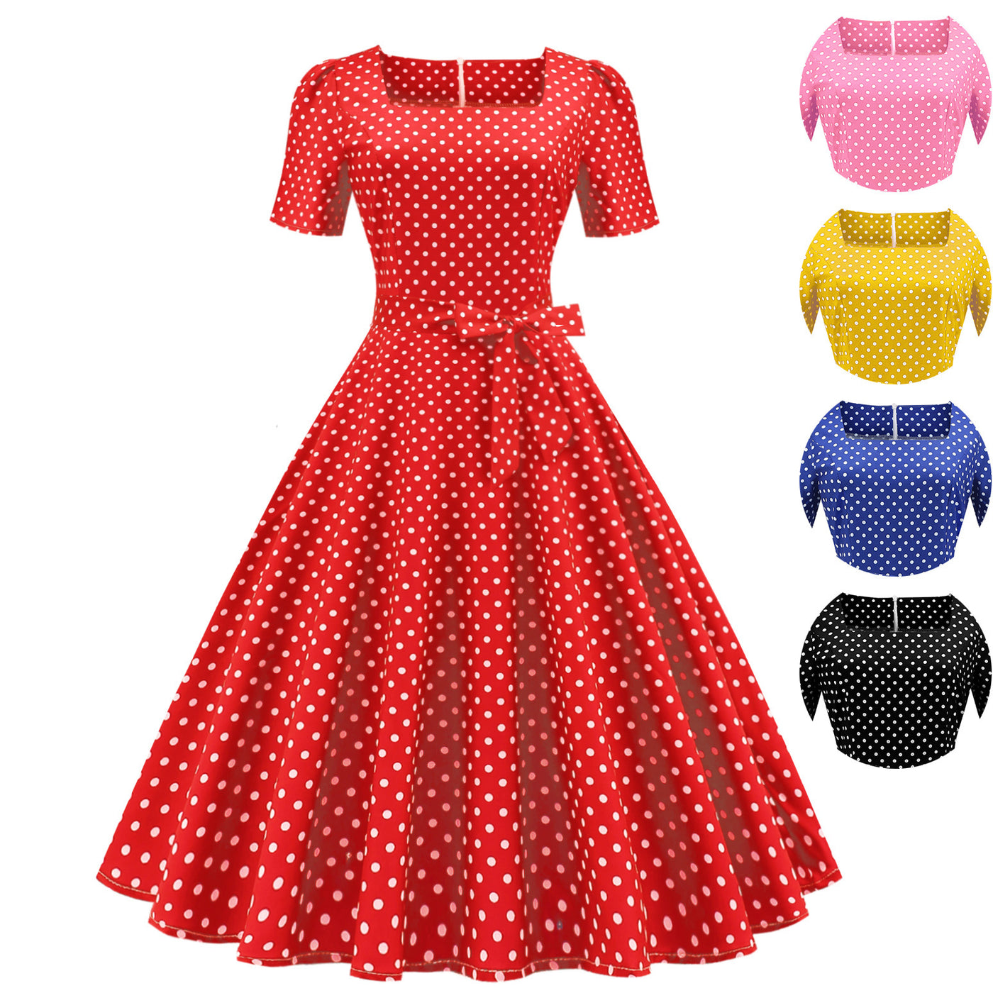 Polka Dot Printed Waist-controlled Large Swing Dress