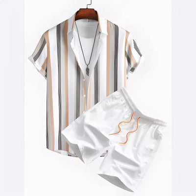 Black And White Striped Hawaiian Men's Shirt Set